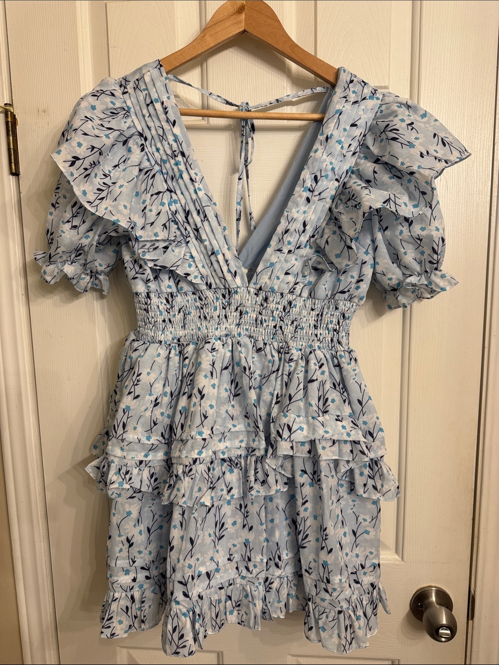 Sky Blue Floral Ruffle Smocked Mini Dress